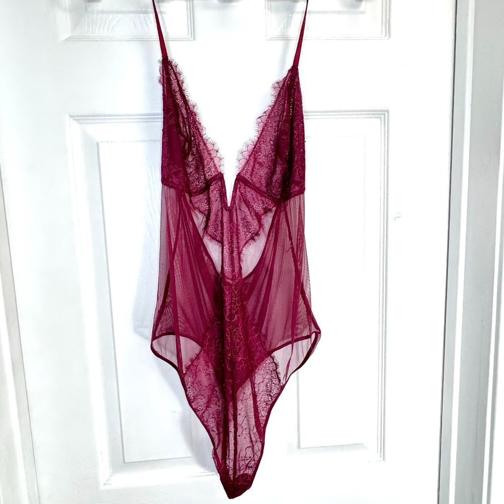 Victoria's Secret Burgundy Red Lace Teddy Bodysuit Thong Lingerie XL Sheer